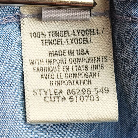 BELLA DAHL Blue Chambray Dress Size L Side-Stripe Racerback Flounce V-Neck - Picture 12 of 15